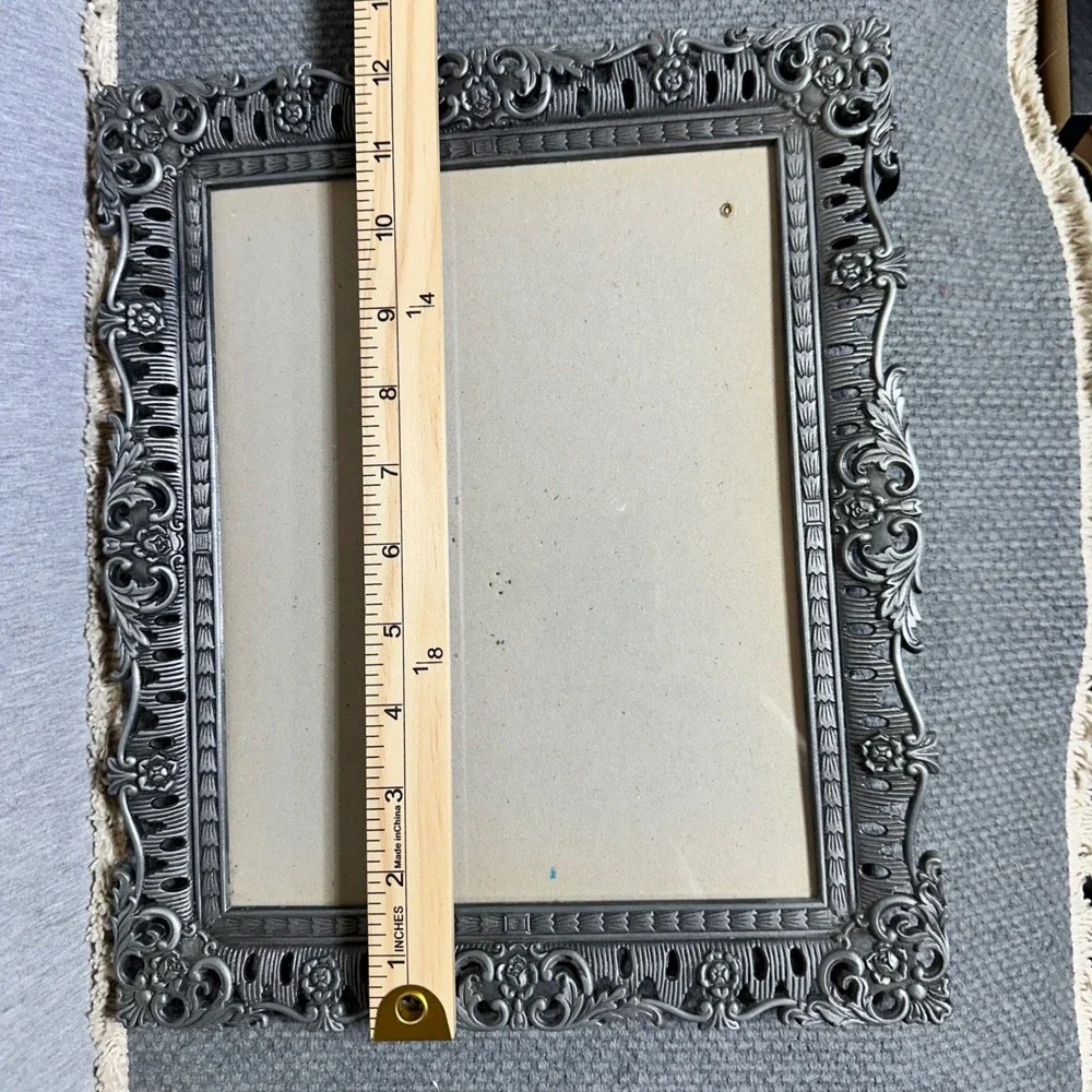 Vtg Ornate Pewter Tone Metal Scrollwork 8x10 Pic Frame Chic Shabby Cottage Rose